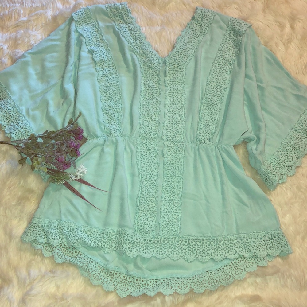 Mint Crochet Detail Flutter Sleeve Peasant Top